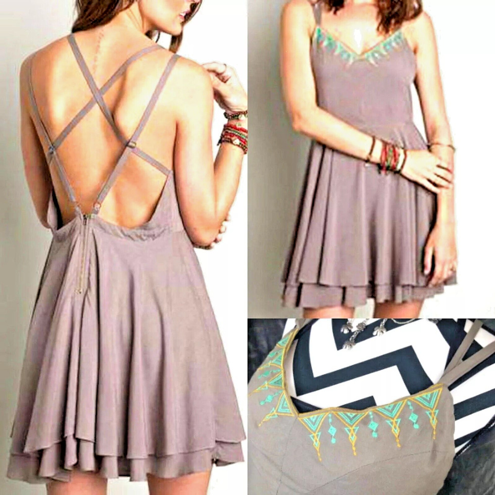 Umgee Dress Size L Solid Mocha Brown Embroidered Mint Whimsygoth Womens New